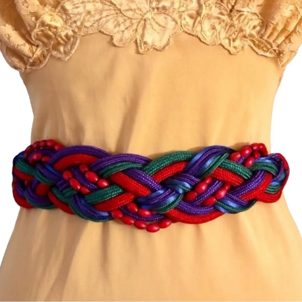 1980’s Vintage Woven Vibrantly Colored Waist Belt in Jewel‎ Tones, XS/S